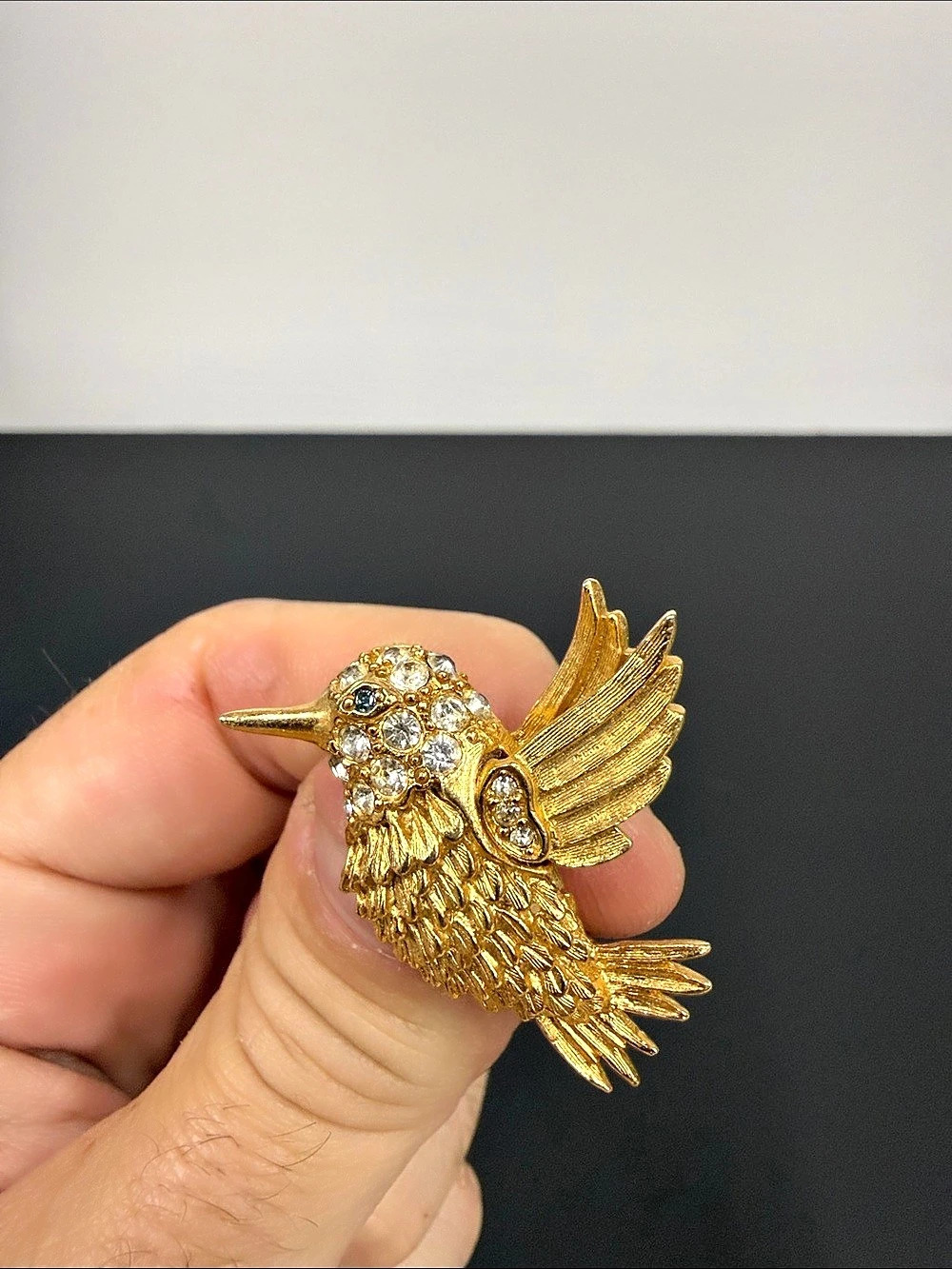 Gold Tone Hummingbird Brooch with Clear Rhinestones & Blue Eye – Bird Pin